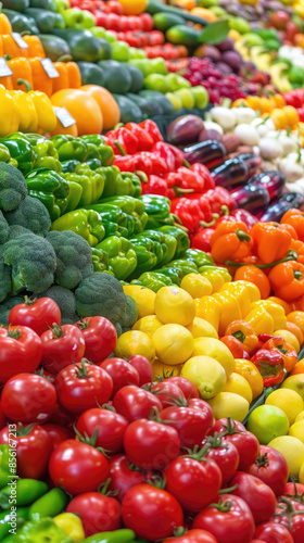 Fresh Organic Produce Including Tomatoes, Bell Peppers, and Lemons at Farmer's Market