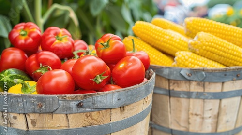Fresh Organic Tomatoes and Corn Displayed at Rustic Farmer's Market