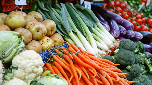 Fresh Organic Vegetables at Farmer's Market Featuring Carrots, Potatoes, and Leeks