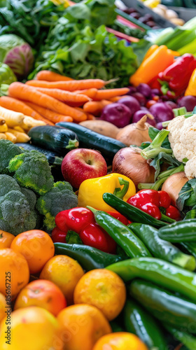 Fresh Organic Vegetables and Fruits Including Carrots, Bell Peppers, and Broccoli at Farmer's Market