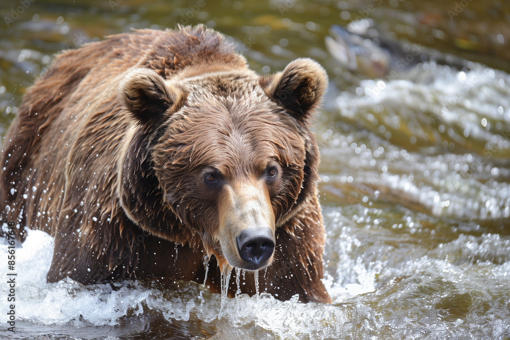A brown bear is running through a river, splashing water everywhere. The bear appears to be enjoying the water and the rush of the current A brown bear is running through a river, splashing water everywhere. The bear appears to be enjoying the water and the rush of the current