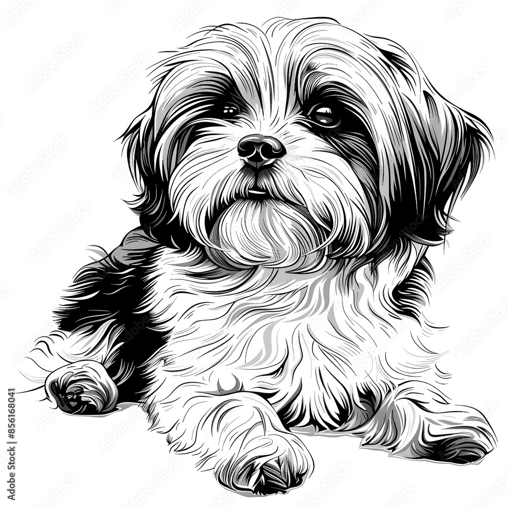 Elegant Vector Illustration of Havanese Canine in Graceful Glen, Line Art Style Black and White - Perfect for Coloring Pages