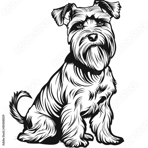Miniature Schnauzer Therapy Dog Vector Art in Plateau Setting for Coloring Book - Black and White Line Art Illustration