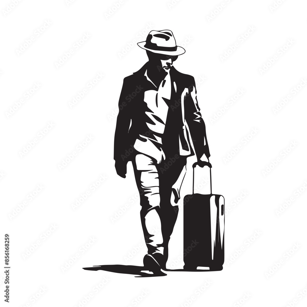 Tourist Man Traveler Carrying His Rolling Suitcase Vector Silhouette Illustration Isolated on White Tourist Man Traveler Carrying His Rolling Suitcase Vector Silhouette Illustration Isolated on White