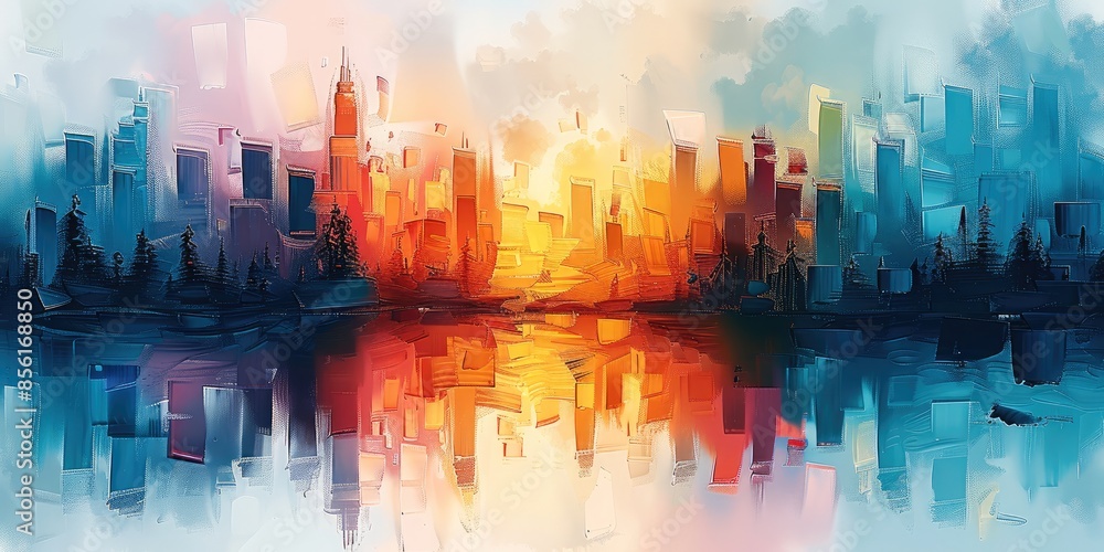 Abstract cityscape with soft, blurred lines, light vibrant colors on a white background, and a misty atmosphere reflecting on water, oil painting, palette knife. Generative AI. Abstract cityscape with soft, blurred lines, light vibrant colors on a white background, and a misty atmosphere reflecting on water, oil painting, palette knife. Generative AI.