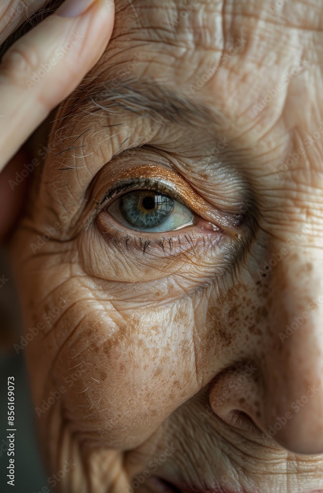 Detailed close-up of an elderly woman's eye reveals wrinkles and eye color