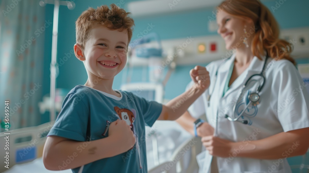 Hospital Happiness: Capture the joyous expression of the young boy as he proudly displays his muscle in a hospital room, with the female doctor standing by with encouragement. Hospital Happiness: Capture the joyous expression of the young boy as he proudly displays his muscle in a hospital room, with the female doctor standing by with encouragement.
