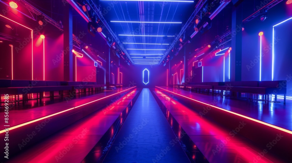 A long, narrow runway illuminated by bright red and blue neon lights. The runway is lined with black benches on either side. A long, narrow runway illuminated by bright red and blue neon lights. The runway is lined with black benches on either side.