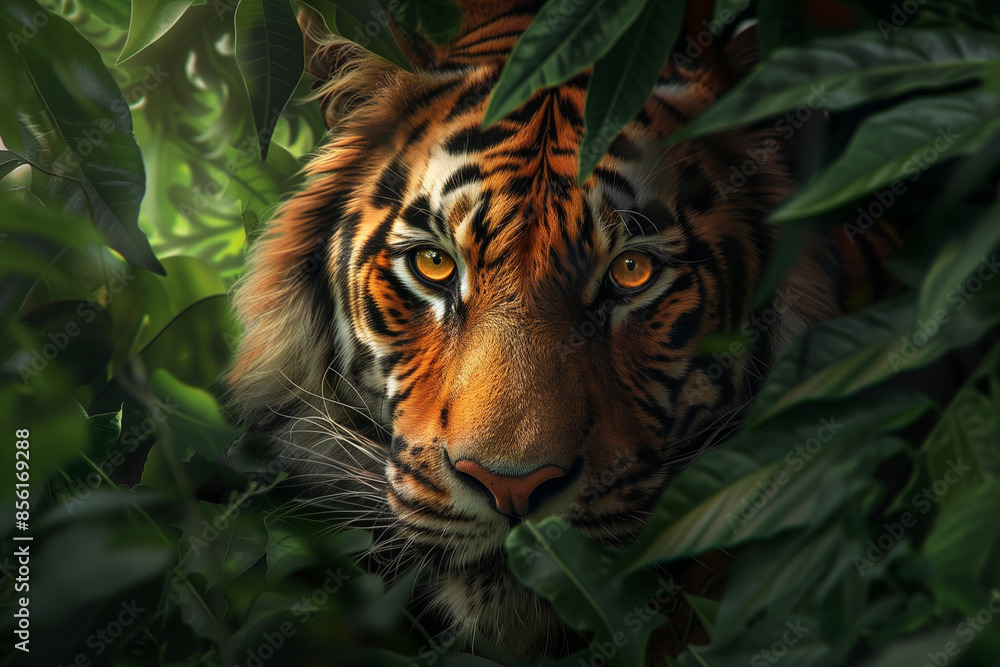 A tiger is staring at the camera with its eyes wide open. The tiger is in a forest with green leaves and branches A tiger is staring at the camera with its eyes wide open. The tiger is in a forest with green leaves and branches