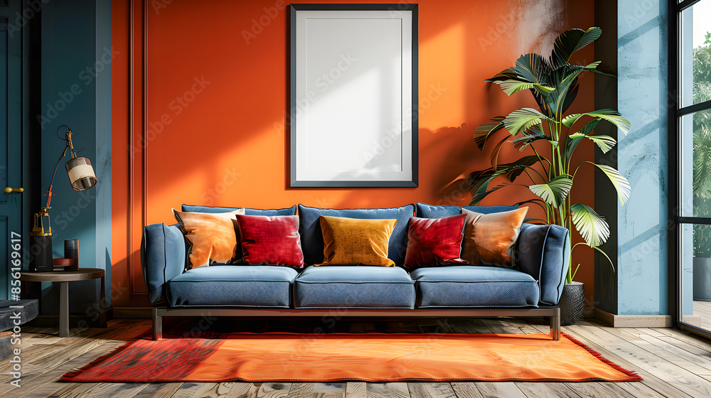 Memphis interior design of modern living room, home. Sofa with colorful cushions against orange and black wall with poster frame Memphis interior design of modern living room, home. Sofa with colorful cushions against orange and black wall with poster frame