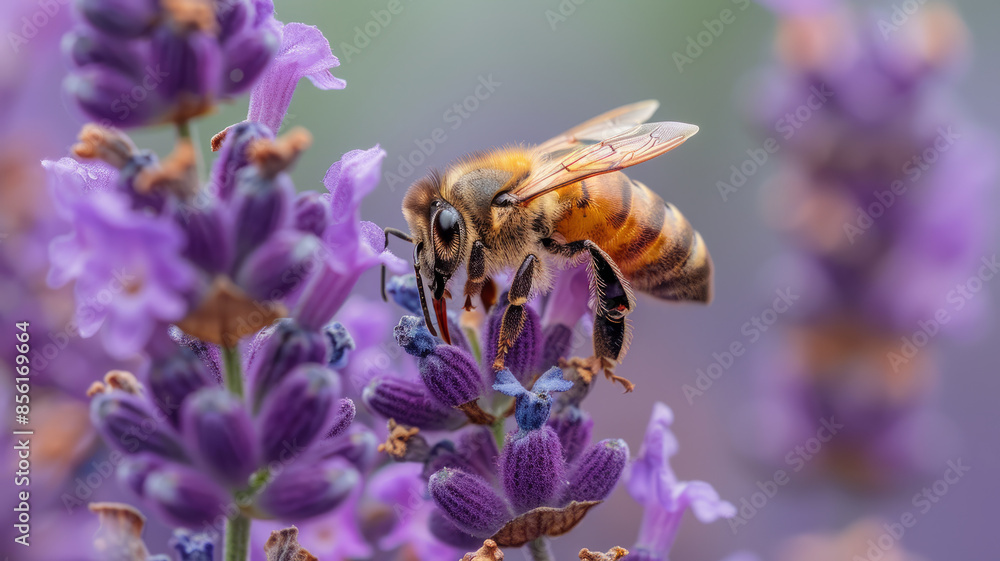A bee pollinating purple lavender flowers. A bee pollinating purple lavender flowers.
