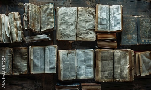 A collection of opened Bibles and Tanakhs, each with aged, illuminated script, displayed on rustic wooden surfaces photo