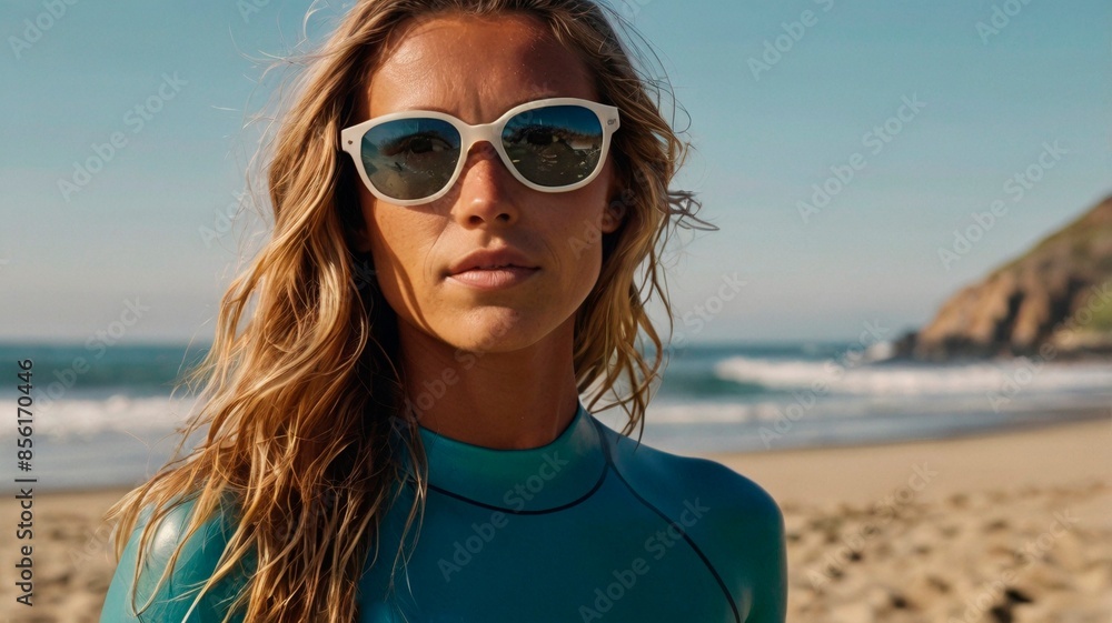 portrait of a woman in sunglasses on the beach, surfer on the beach portrait of a woman in sunglasses on the beach, surfer on the beach