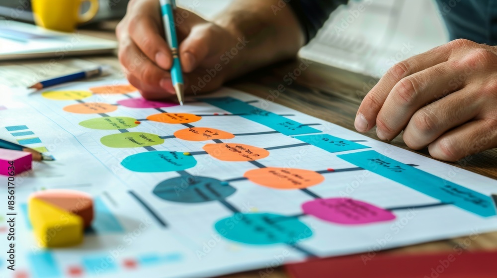 Businessman at his desk analyzing a flowchart with sticky notes and a pencil Businessman at his desk analyzing a flowchart with sticky notes and a pencil