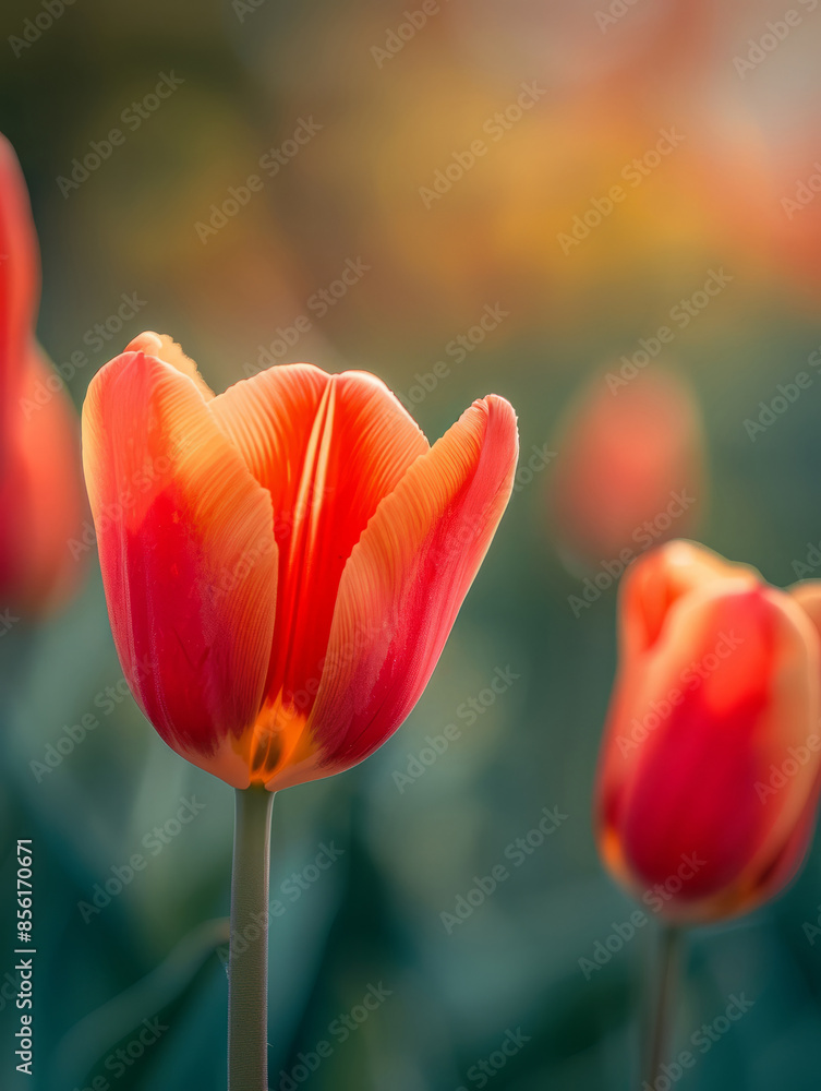 Fototapeta premium Red and orange tulips in close-up, with a blurred background.
