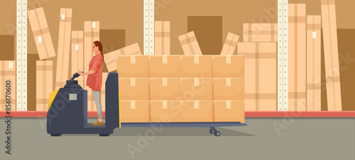 Person operating a pallet jack in a warehouse surrounded by boxes, on a light background. Concept of logistics and inventory. Vector illustration