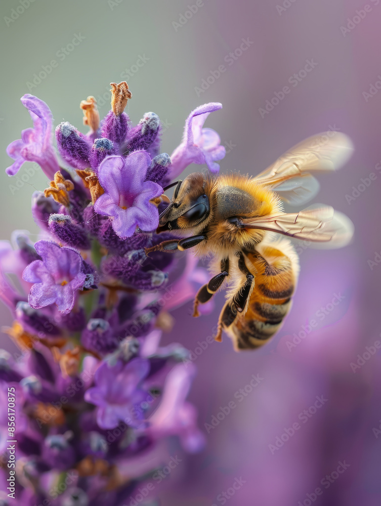 A bee nectaring on a lavender flower with purple petals. A bee nectaring on a lavender flower with purple petals.