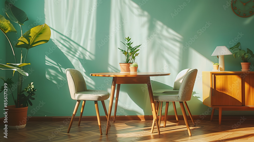 Obraz premium Mint color chairs at round wooden dining table in room with sofa and cabinet near green wall. 