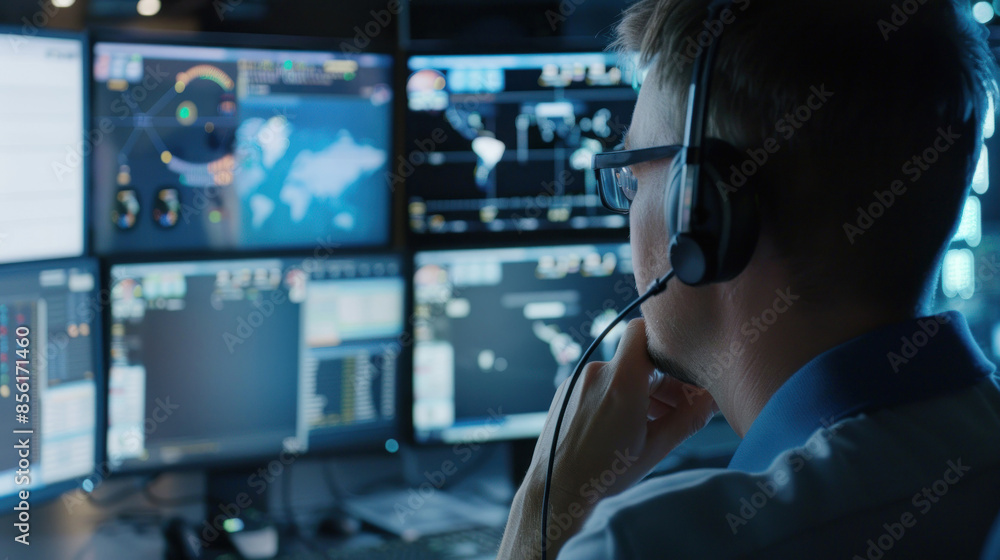 Focused technician with headset Focused technician with headset
