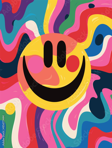 A colorful and psychedelic set of illustrations featuring vibrant, abstract smiley faces. Each artwork showcases a unique blend of swirling patterns and bold colors, perfect for retro, pop art, and ps