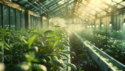 A greenhouse filled with plants and a bright sun shining through the glass by AI generated image