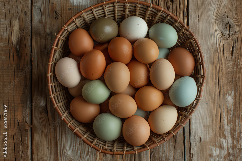 Farmer eggs in basket on wood background. Flat lay, top view. Fresh chicken eggs from the farmer, top view, product concept. Farmer eggs in basket on wood background. Flat lay, top view. Fresh chicken eggs from the farmer, top view, product concept.