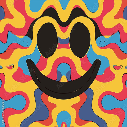 A colorful and psychedelic set of illustrations featuring vibrant, abstract smiley faces. Each artwork showcases a unique blend of swirling patterns and bold colors, perfect for retro, pop art, and ps