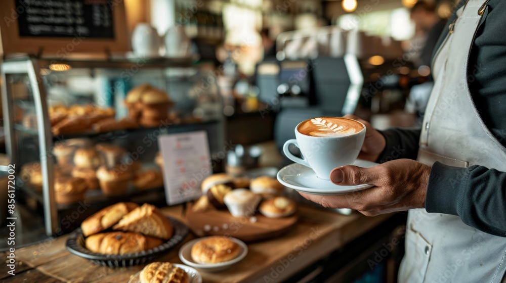 A barista’s hands serving a cup of coffee across a counter, with pastries and a menu board in the background, their face out of frame A barista’s hands serving a cup of coffee across a counter, with pastries and a menu board in the background, their face out of frame