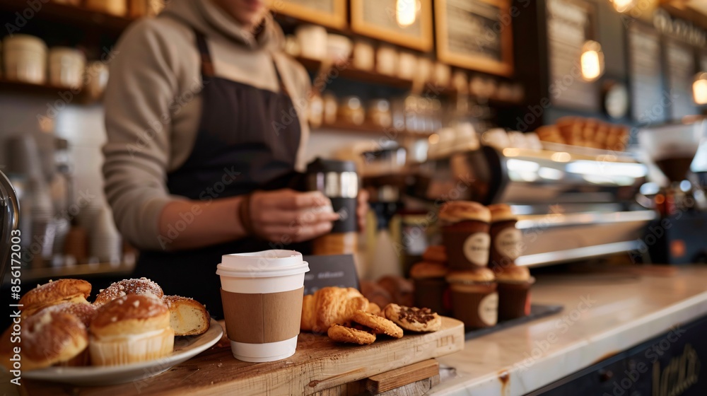 A barista’s hands serving a cup of coffee across a counter, with pastries and a menu board in the background, their face out of frame A barista’s hands serving a cup of coffee across a counter, with pastries and a menu board in the background, their face out of frame