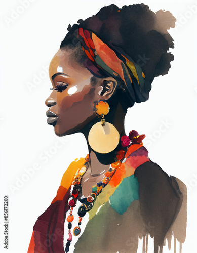 Black woman watercolor vector illustration, wearing big golden earrings, headscarf, red elements, female portrait