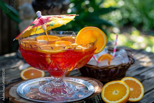 Festive Garden Party with Fruity Punch Cocktail in a Decorative Bowl for Summer Celebrations photo