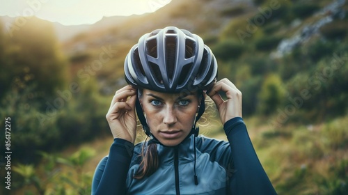 A cyclist adjusting their helmet strap, with a focus on the hands and the helmet, set against a scenic backdrop