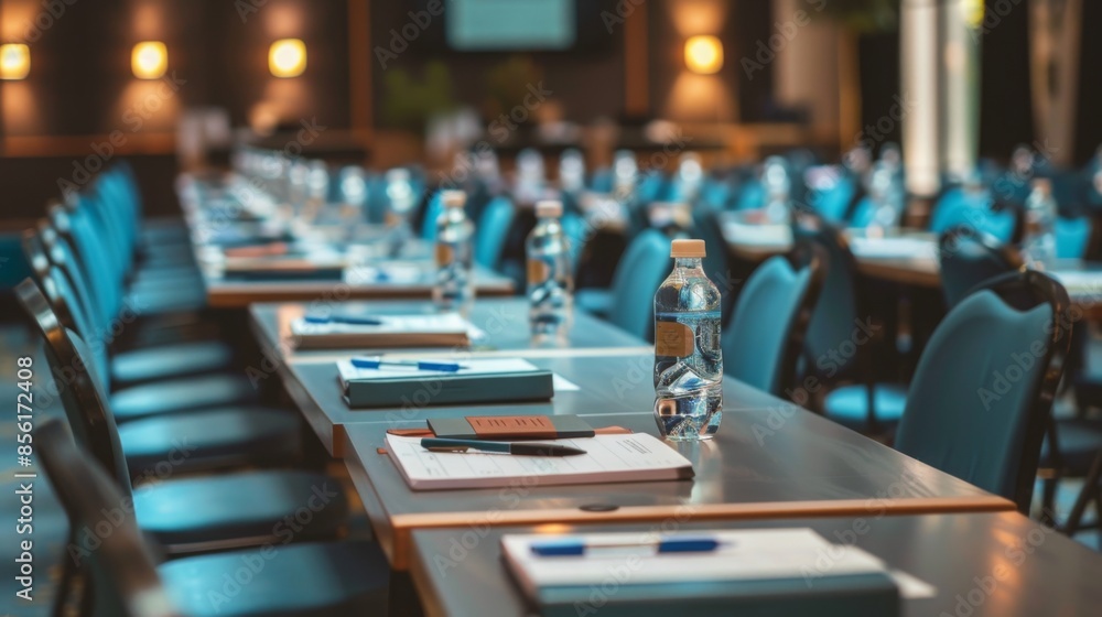A conference room setup with rows of chairs and tables, featuring water bottles and notebooks. A conference room setup with rows of chairs and tables, featuring water bottles and notebooks.