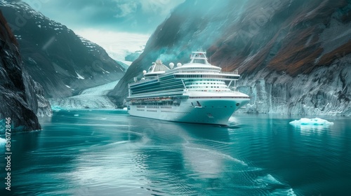 Cruise Ship Navigating Glacial Fjord