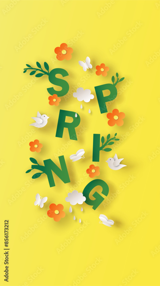 SPRING calligraphy with flower, leaves, cloud, bird and butterfly. Beautiful springtime. Spring poster. paper cut and craft style. vector, illustration. SPRING calligraphy with flower, leaves, cloud, bird and butterfly. Beautiful springtime. Spring poster. paper cut and craft style. vector, illustration.