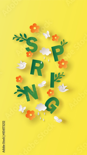SPRING calligraphy with flower, leaves, cloud, bird and butterfly. Beautiful springtime. Spring poster. paper cut and craft style. vector, illustration.