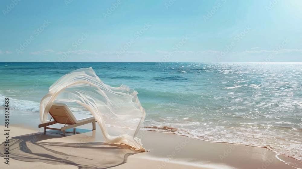 A serene beach scene with a wavy, translucent fabric draped over a lounge chair, blowing gently in the ocean breeze A serene beach scene with a wavy, translucent fabric draped over a lounge chair, blowing gently in the ocean breeze