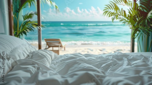 concept of relaxation on the ocean shore, white sand and palm leaves. © Игорь Розводовский