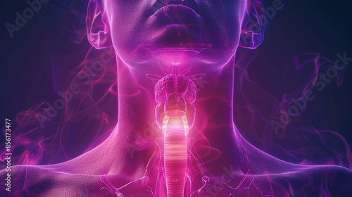 Colorful X-ray illustration of a human throat highlighting the anatomy of the larynx, trachea, and cervical region.