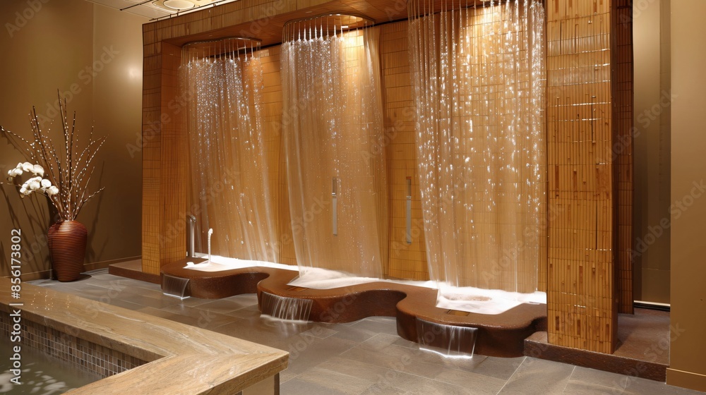 A tranquil spa room with wavy bamboo dividers and wavy, flowing water features, enhancing the relaxing atmosphere A tranquil spa room with wavy bamboo dividers and wavy, flowing water features, enhancing the relaxing atmosphere