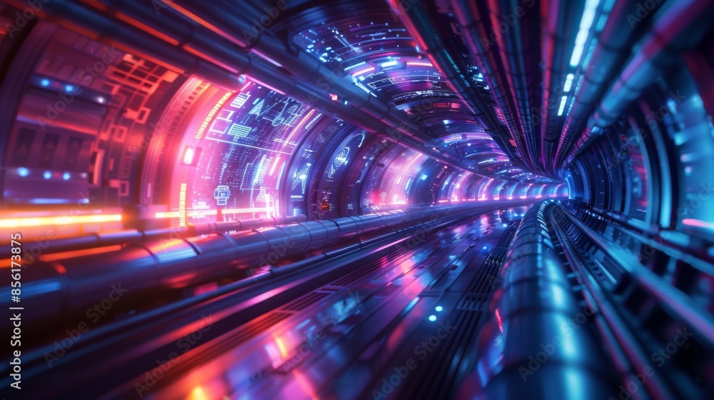 Futuristic tunnel with illuminated lines and digital data, perfect for technology and innovation themes Futuristic tunnel with illuminated lines and digital data, perfect for technology and innovation themes