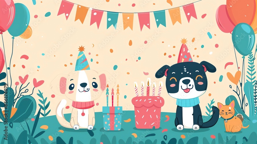 Fototapeta premium Pet birthday celebration template with cute graphics and clear areas for text