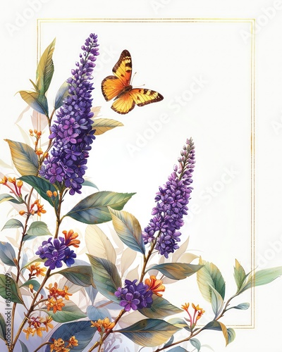 Beautiful watercolor of a butterfly hovering over purple flowers, with intricate details and soft colors, framed in a delicate border.