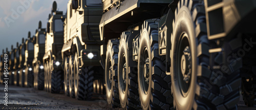 A close-up view of large military trucks lined up in formation, reflecting sunlight and showcasing their rugged tires and robust build.