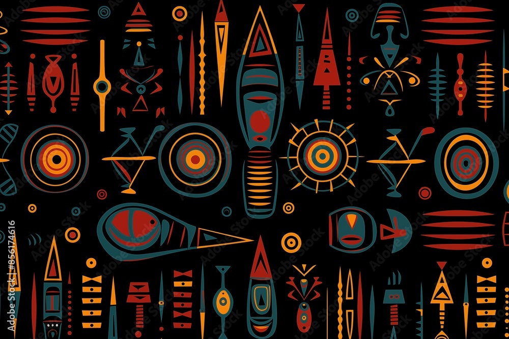 African Ethnic Tribal Pattern 02 in reds, yellows, greens, and blues on a black background - Image 2 of 6 - 19.3MP African Ethnic Tribal Pattern 02 in reds, yellows, greens, and blues on a black background - Image 2 of 6 - 19.3MP
