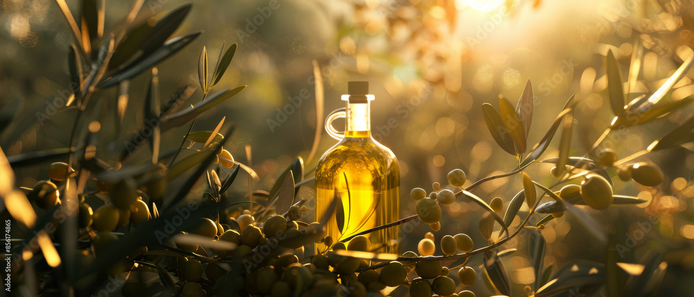 Sunlit bottle of olive oil amidst olive trees, evoking a warm and natural atmosphere perfect for Mediterranean cuisine. Sunlit bottle of olive oil amidst olive trees, evoking a warm and natural atmosphere perfect for Mediterranean cuisine.