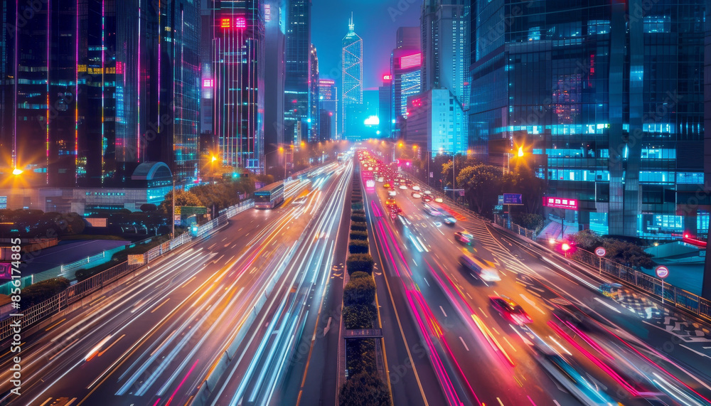A city street at night with cars driving down the road by AI generated image
