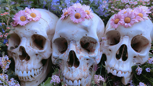   Three skulls adorned with flower crowns and a vibrant blue bird perched atop one of the skulls photo