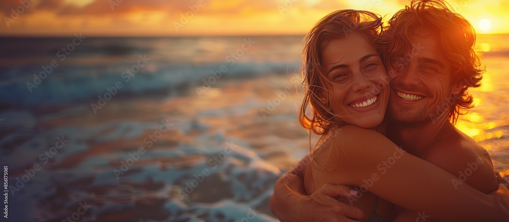 Fototapeta premium couple of lovers hugging happily on the beach