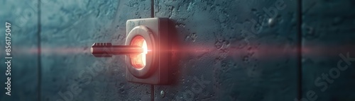 Fluorescent lock with a glowing keyhole being unlocked, bright light shining through, selective focus, security theme, vibrant, overlay, highsecurity vault backdrop photo